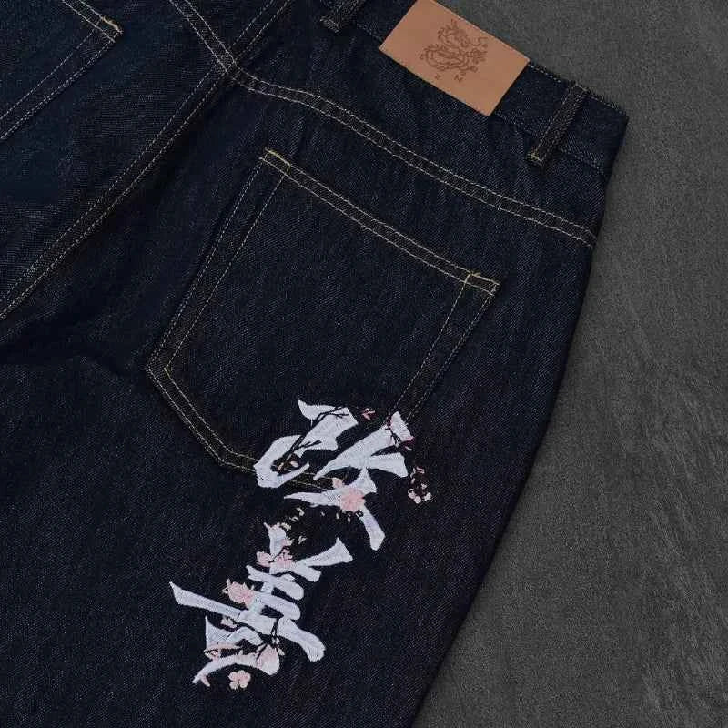 Fromszn raw baggy jeans Y2K retro art font embroidery black jeans Harajuku hip hop unisex woven washed patchwork wide leg pants