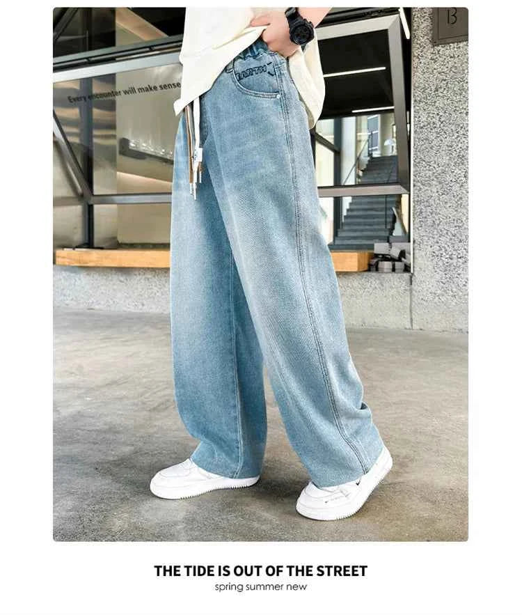 High Quality Kids Straight Fit Drawstring Jeans for Boy Girl Brief High Waist Denim Pants Unisex Child Casual Jeans Trousers