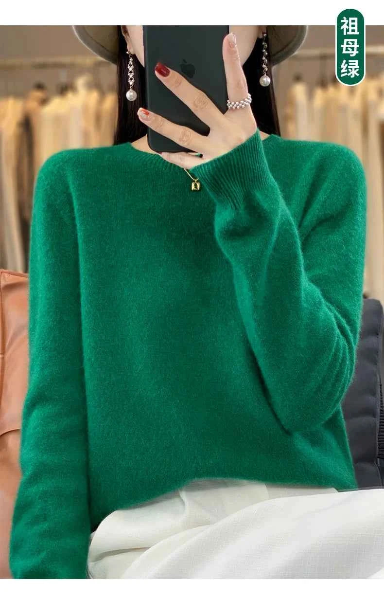 100% Merino Wool Sweater Women O-neck Cashmere Knitwear Female Pullover Autumn Winter Casual Tops Solid Color Soft Clothing