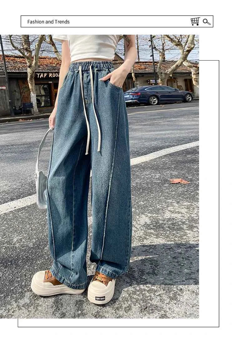High Waist Slimming Drawstring Tie Elastic Waist Floor-Length Curved Sickle Pants 2026 Spring New Women's Trendy Wide Leg Jeans