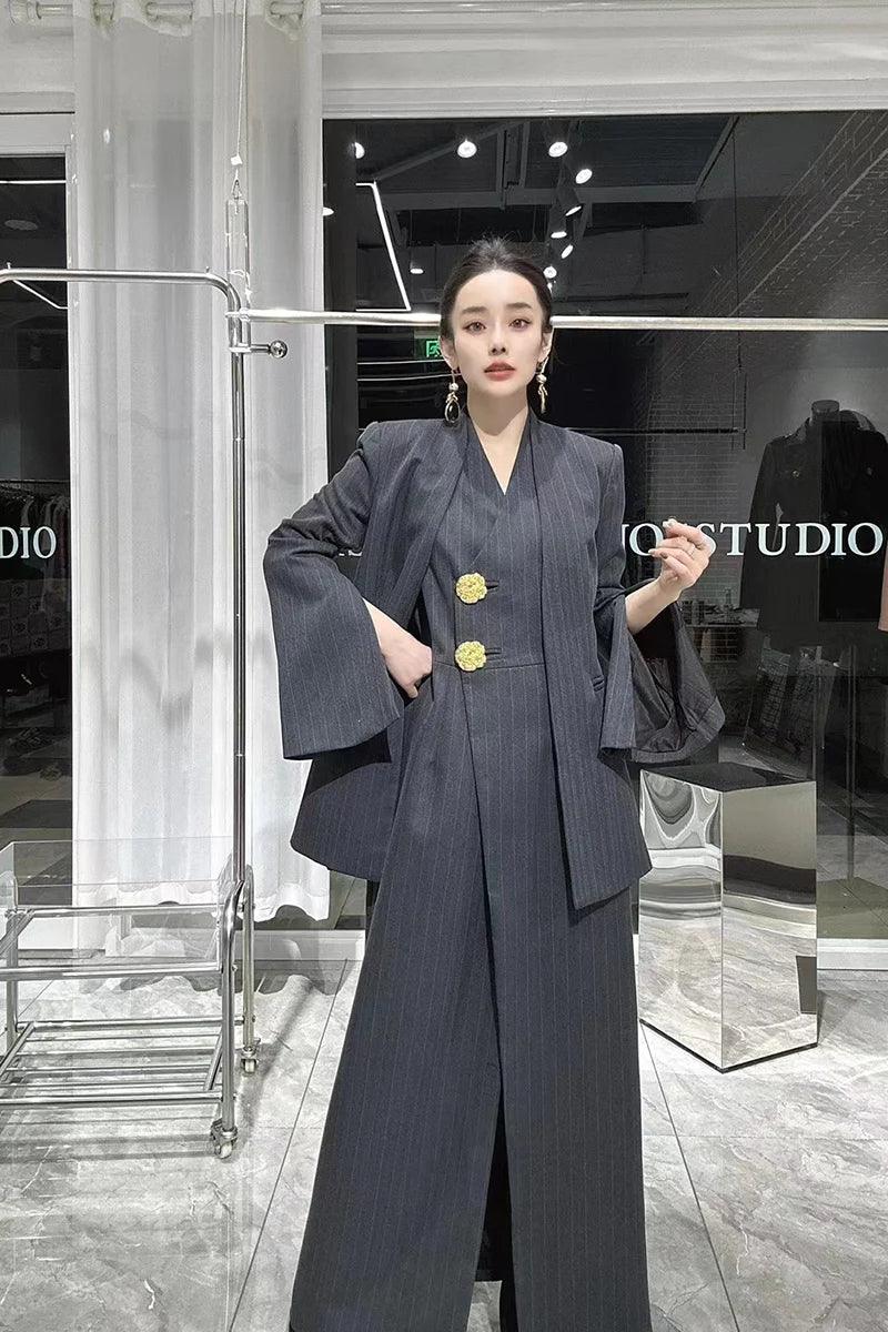 SuperAen 2023 Winter New Korean Dark Stripe V-Neck Split Dress Paired with A Fashionable Two Piece Suit Coat - GONZALES ONLINE SHOP