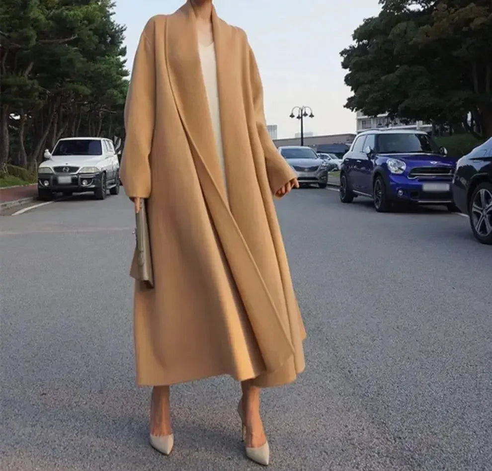 Elegant Korea Chic Woolen Coat for Women - Long Sleeve Loose White Overgarment for Autumn Winter 2023 - GONZALES ONLINE SHOP