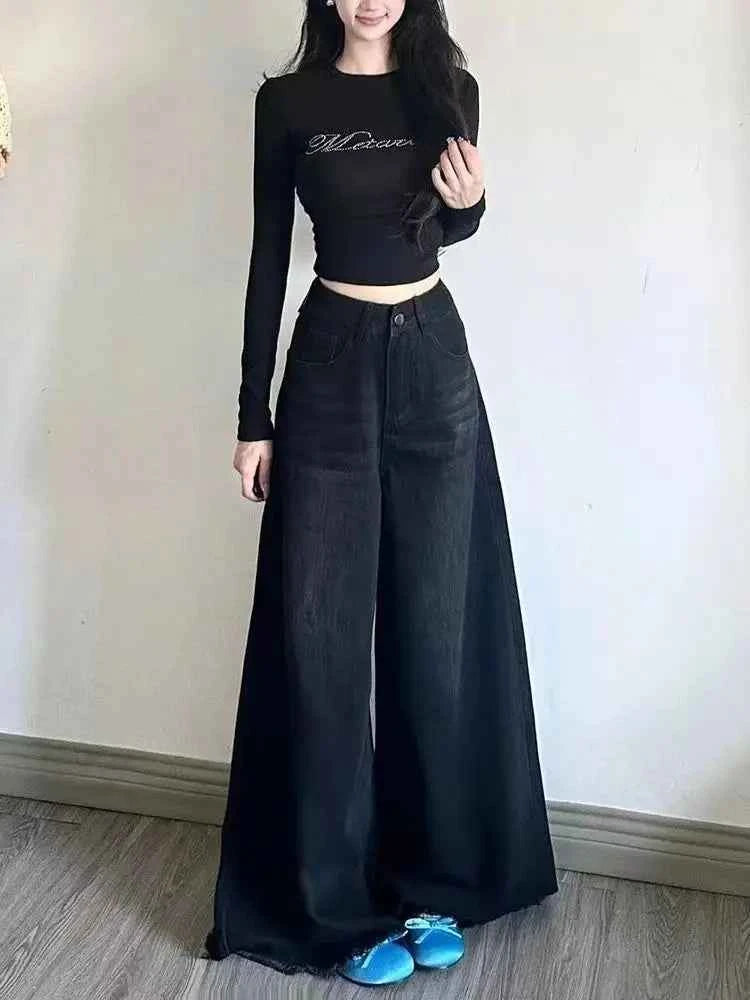 Wide Leg Jeans Women Denim Pants Vintage Straight Trousers Autumn Spring Fashion Female Black Casual Jeans Wide Leg Pants