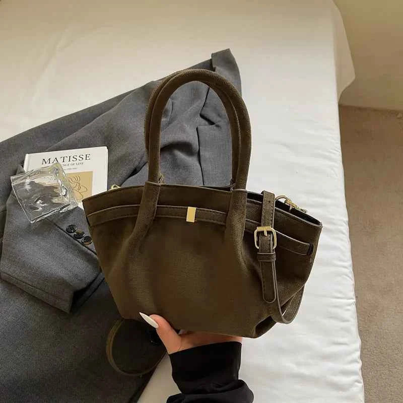 Matte Leather Suede Tote Handbags for Women Large Capacity Retro Shoulder Bag Fall Winter Belt Design Female Crossbody Bags