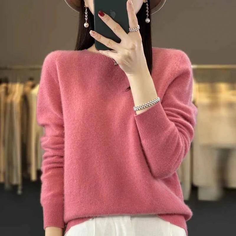 100% Merino Wool Sweater Women O-neck Cashmere Knitwear Female Pullover Autumn Winter Casual Tops Solid Color Soft Clothing
