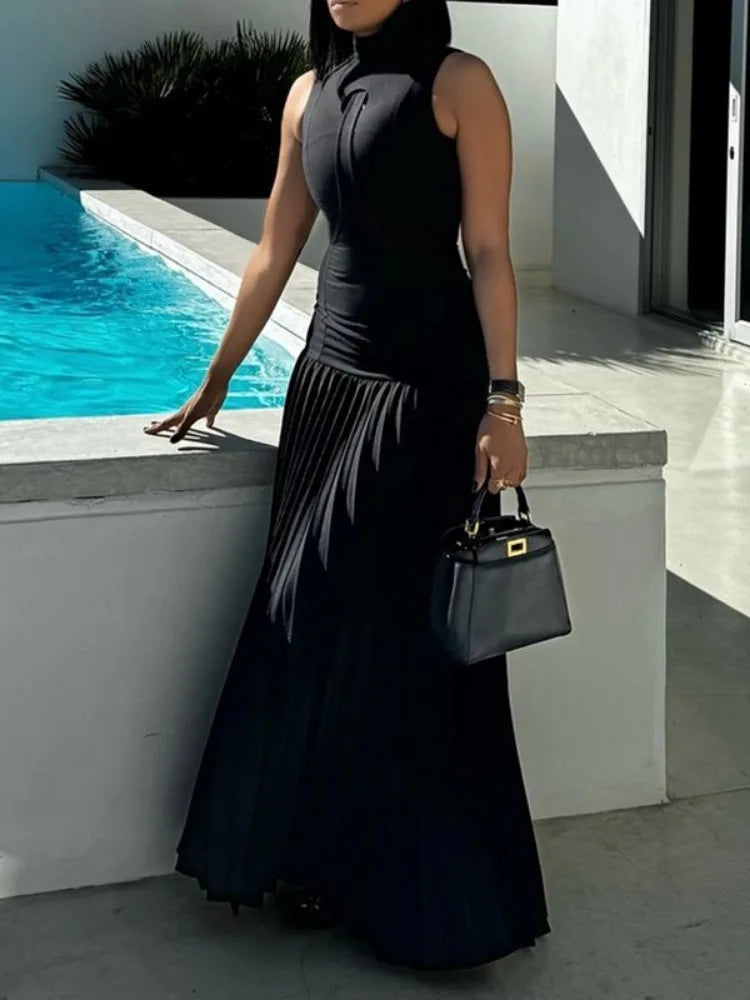 Freeacy 2024 New Women's Bodycon Dress Solid Black High Neck Sleeveless Pleated A-line Dress Summer Elegant Evening Dresses GONZALES ONLINE SHOP
