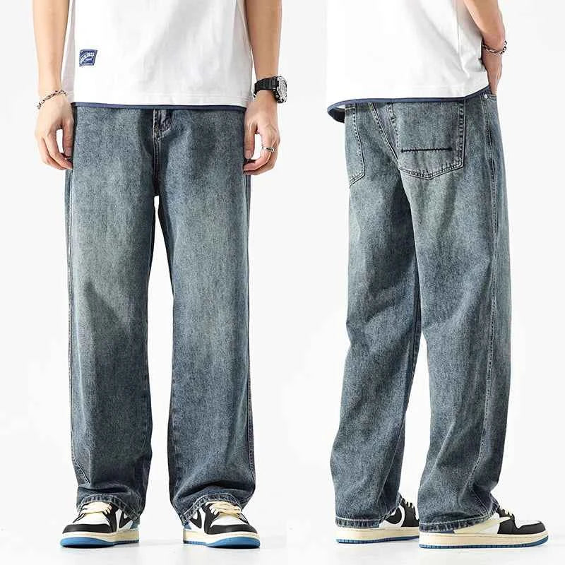 Wide Leg Jeans Men Baggy Pants Summer Straight Cut Loose Retro Blue Denim Pants Streetwear Fashion Pockets Vintage Man Clothes