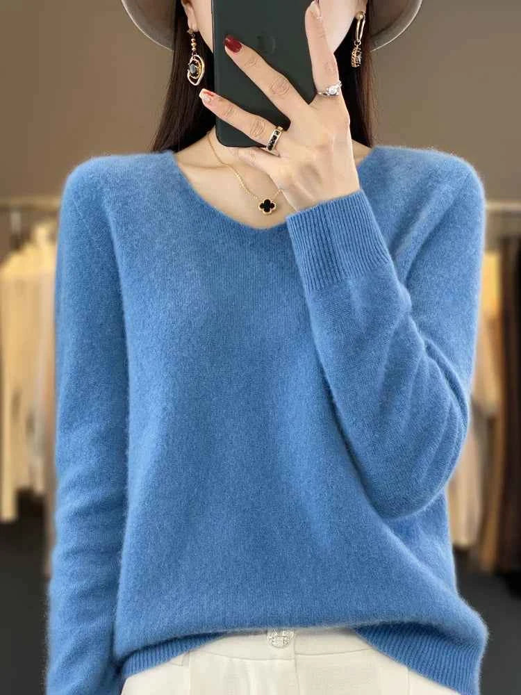 Fashion100% Merino Wool Sweater Cashmere Pullover Women Knitwear V-Neck Long Sleeve Autumn Winter Fashion Basic Clothing Tops
