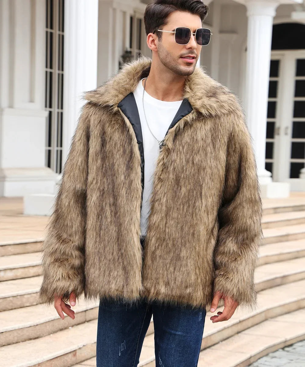 Men Faux Fox Fur Jacket Coat Winter Thick Fluffy Long Sleeve Lapel Warm Shaggy Outerwear Luxury Fur Jacket Bontjas Jackets Mens - GONZALES ONLINE SHOP