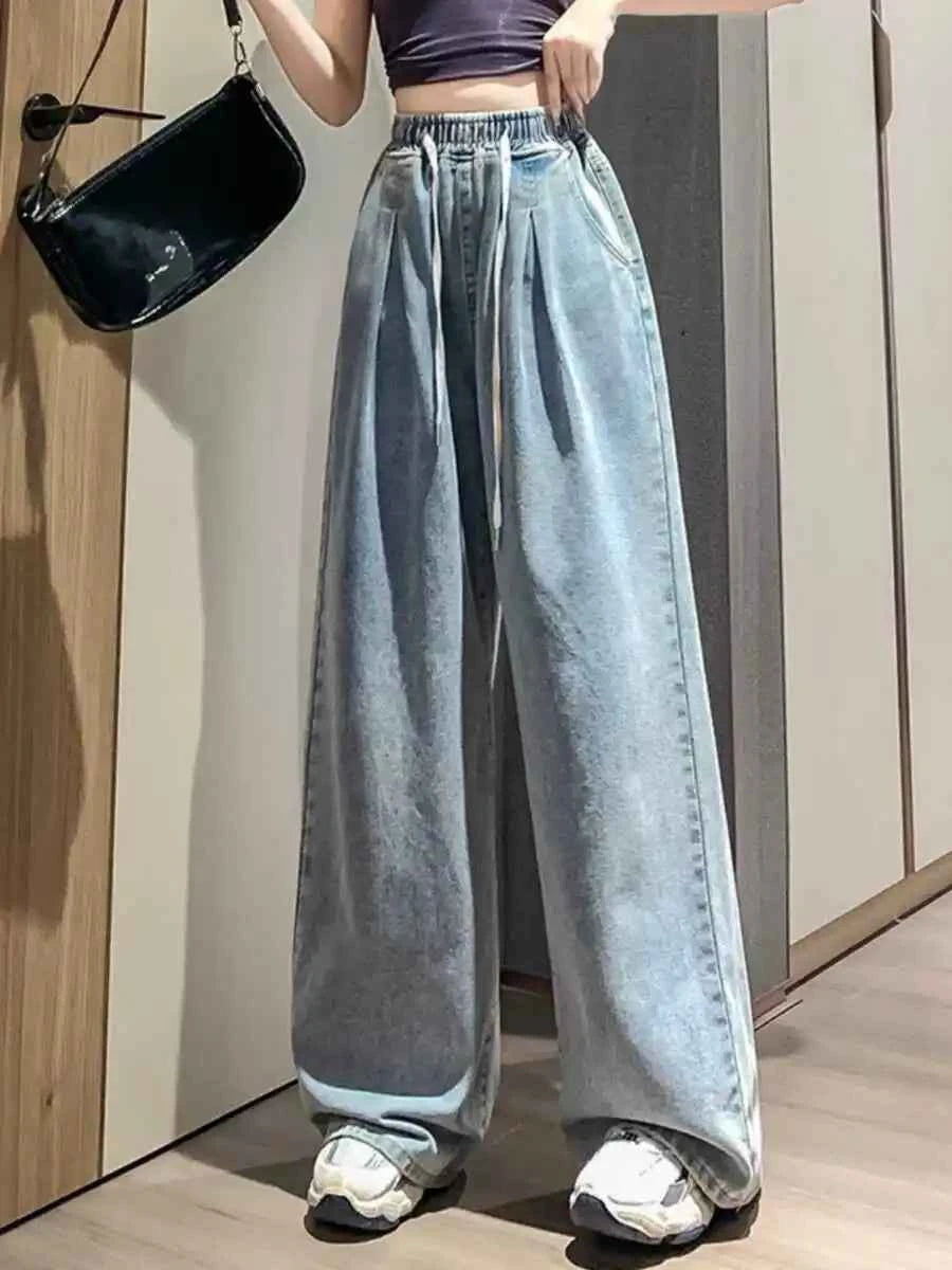 High Waist Straight Leg Dstring Jeans Women's Spring Autumn Slimming Drapey Lazy Sle Floor Length Trousers