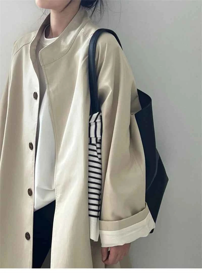 Lazy Loose Stand Up Collar Long Ttrench Coat For Women New Spring Autumn Casual British Style High-end Windbreaker Overcoat