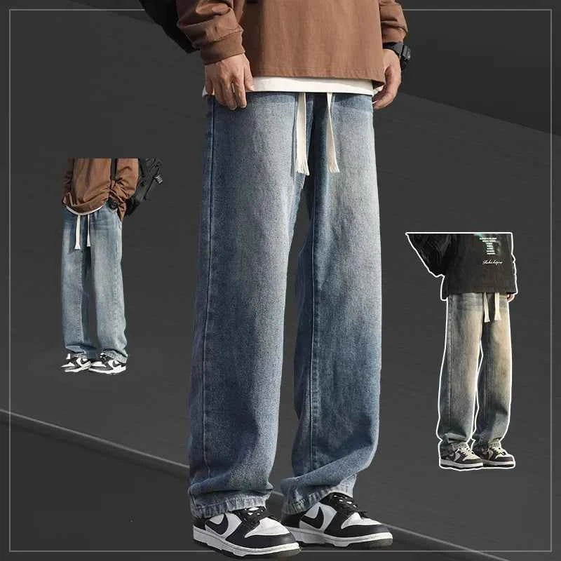 Men's summer loose straight leg pants with elastic drawstring, casual jeans, comfortable, fashionable and trendy jeans