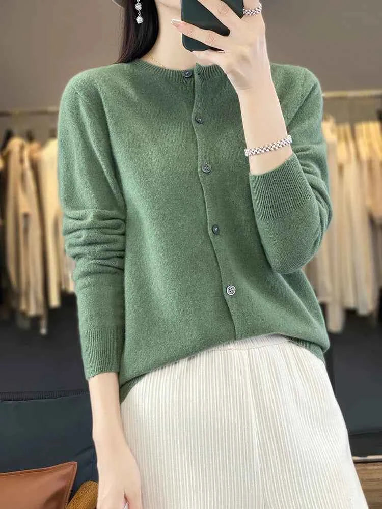100% Merino Wool Sweater Women O-Neck Cardigan Basic Style Buttoned Knitwear Female Casual Autumn Winter Soft Tops