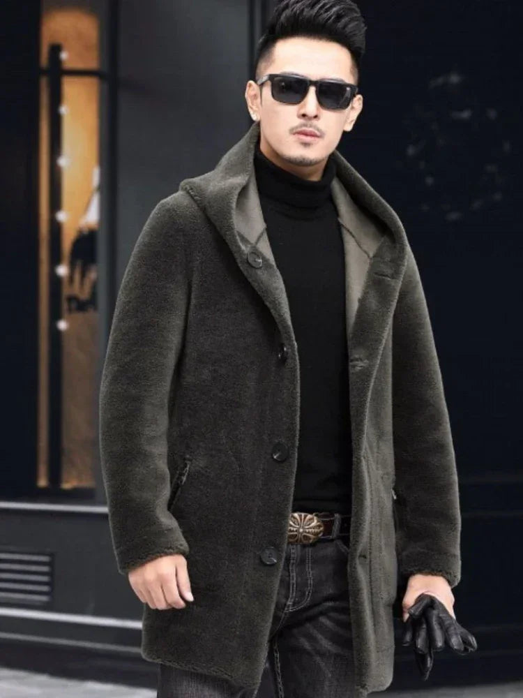 Men Winter Long Casual Thick Fleece Hooded Waterproof Jacket Male Real Fur Wool Coat Outwear Vintage Clothing G436 - GONZALES ONLINE SHOP