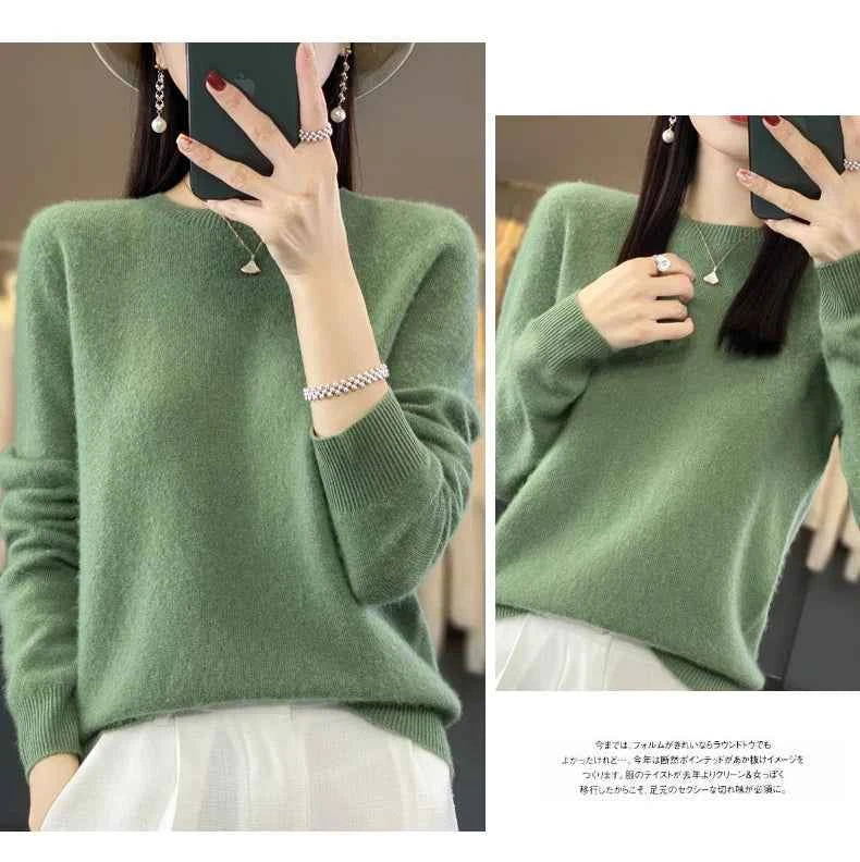 100% Merino Wool Sweater Women O-neck Cashmere Knitwear Female Pullover Autumn Winter Casual Tops Solid Color Soft Clothing