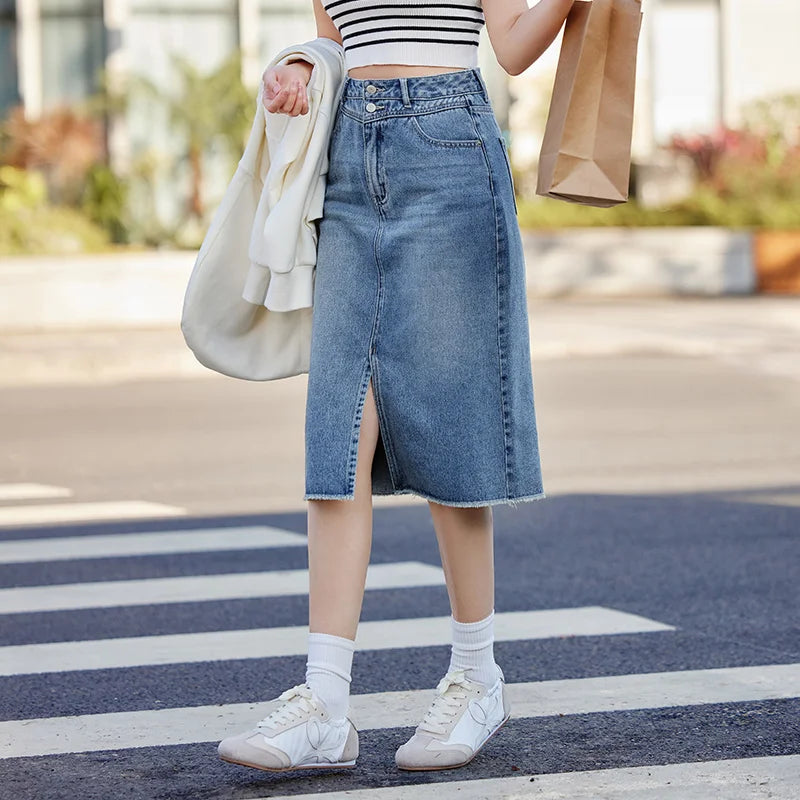 Semir Denim Skirt Women High-waisted Slit 2024 New Spring Straight Skirt GONZALES ONLINE SHOP