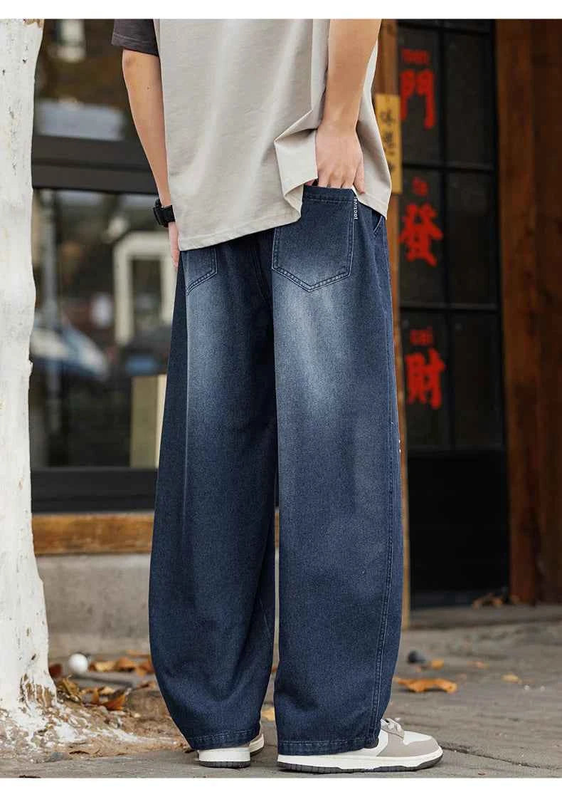 Men's Vintage Washed Wide Leg Jeans Elastic Drawstring Waist Baggy Streetwear Denim Trousers oversized Trousers fit