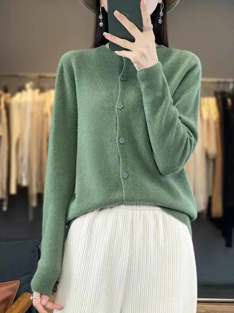 100% Merino Wool Sweater Women O-Neck Cardigan Basic Style Buttoned Knitwear Female Casual Autumn Winter Soft Tops