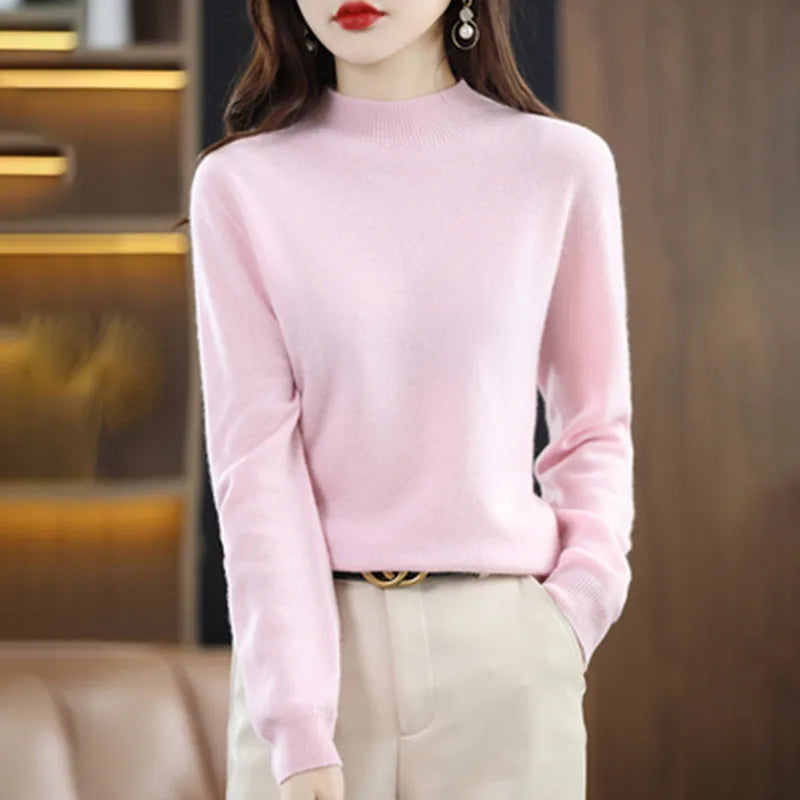 Half High Solid Color Cashmere Sweater For Women Loose Pullover Autumn and Winter Contracted Commuter Basic Knitwear Top Base GONZALES ONLINE SHOP