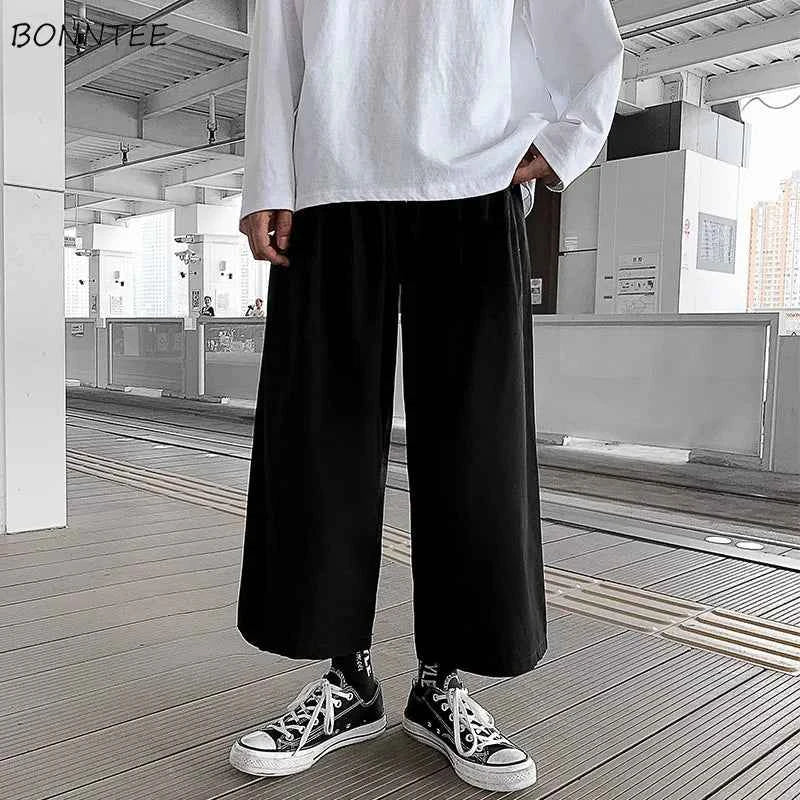 Wide Leg Pants Men Drape Straight Loose Harajuku Vintage Japan Style Ankle-length Trousers Cozy Versatile Black Pantalones Male