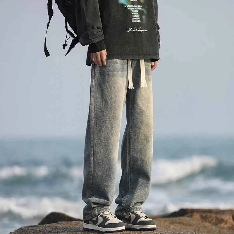 Men's summer loose straight leg pants with elastic drawstring, casual jeans, comfortable, fashionable and trendy jeans