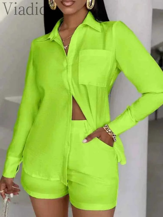 Women's Casual Solid Color Turn Down Collar Long Sleeve Shirt Blouse and High Waist Shorts 2pcs Set