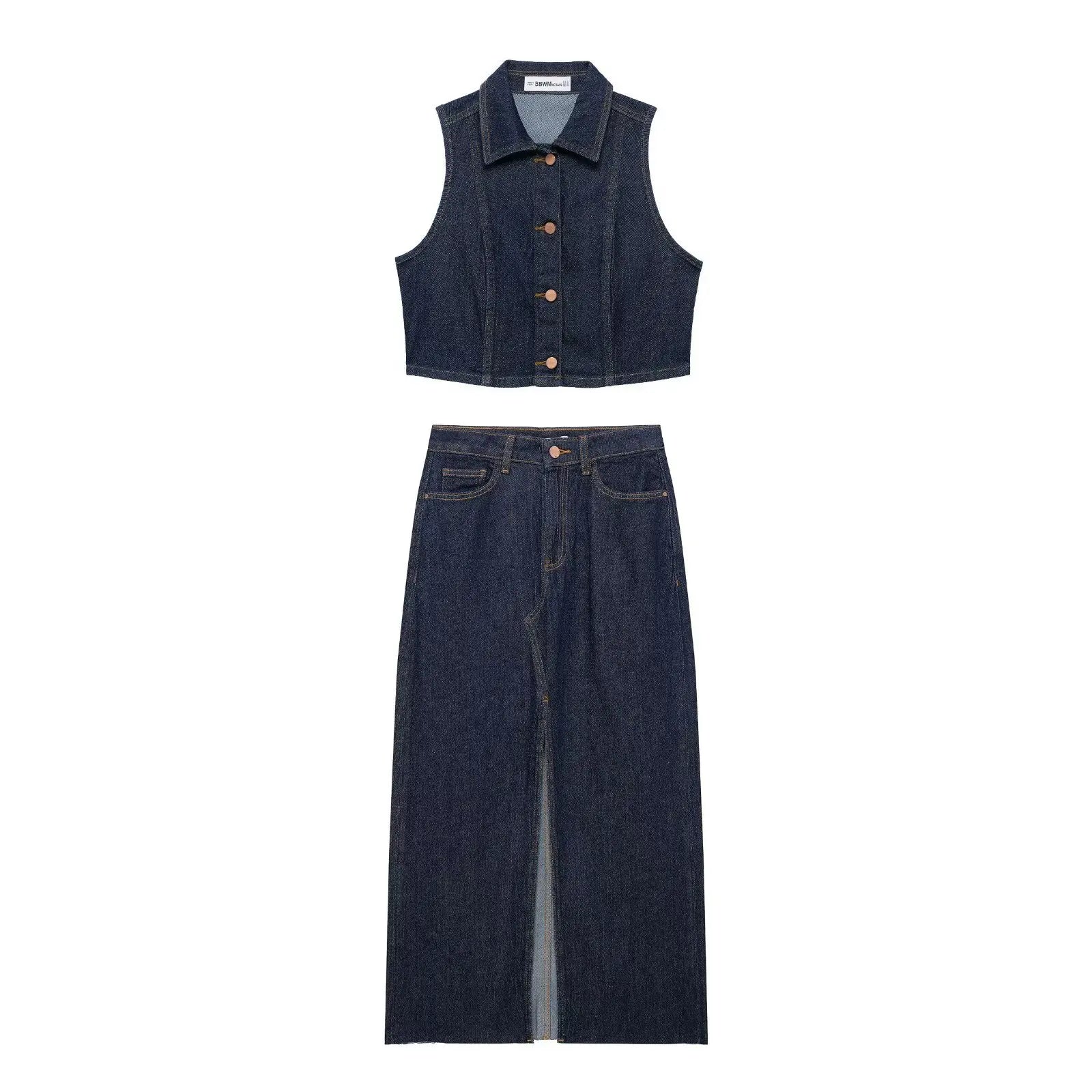 Women's Denim Vest Sleeveless Midi Dress Suit Front Slit Design High Waist Classic Pocket Detail Fashion Ladies Stylish GONZALES ONLINE SHOP