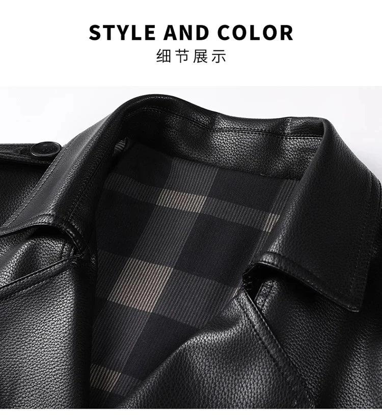 Genuine Leather Jacket Men Mid-length Windbreaker Autumn Winter Casual Jackets Suit Collar Double-breasted Coats Jaqueta - GONZALES ONLINE SHOP