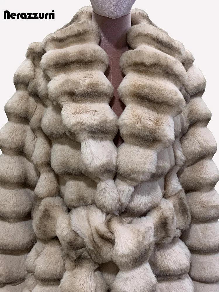 Nerazzurri Winter Long Striped Thick Warm Fluffy Faux Chinchilla Fur Coat Women Shawl Collar Elegant Chic Luxury Furry Overcoat - GONZALES ONLINE SHOP