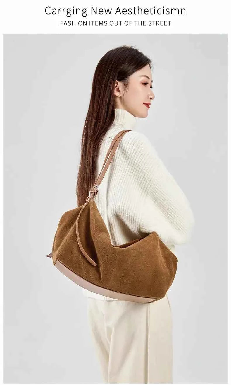 Women's Natural Nuede Genuine Leather Handbags Ladies large capacity Tote Bag Female Design Luxury Commuting Yoga Bag hobo bag