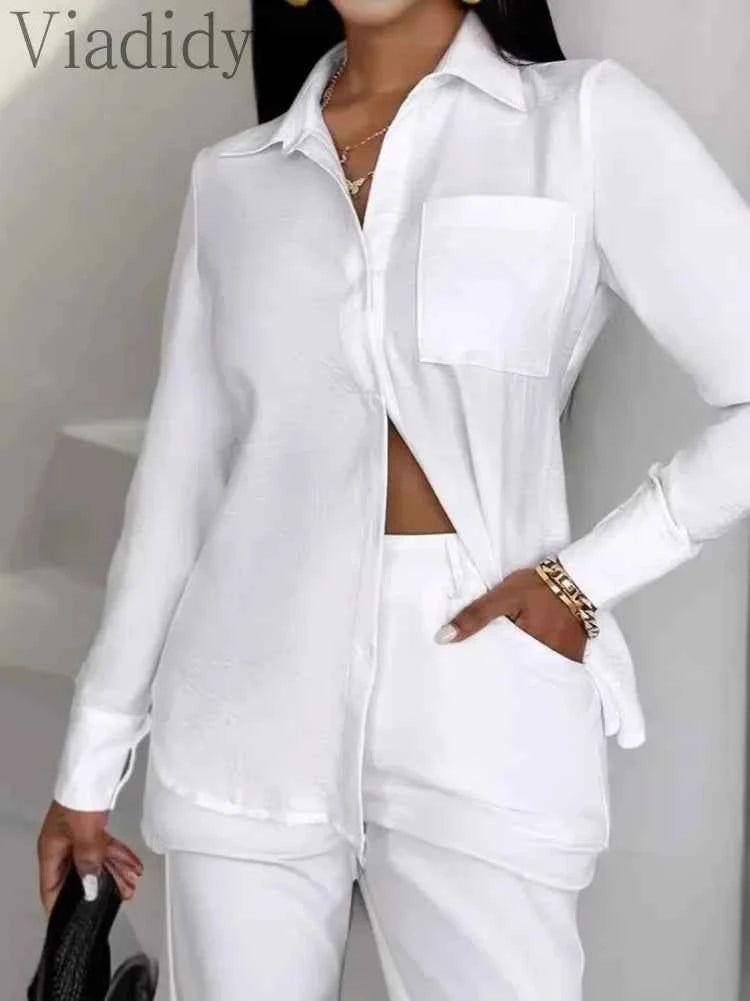 Women's Casual Solid Color Turn Down Collar Long Sleeve Shirt Blouse and High Waist Shorts 2pcs Set