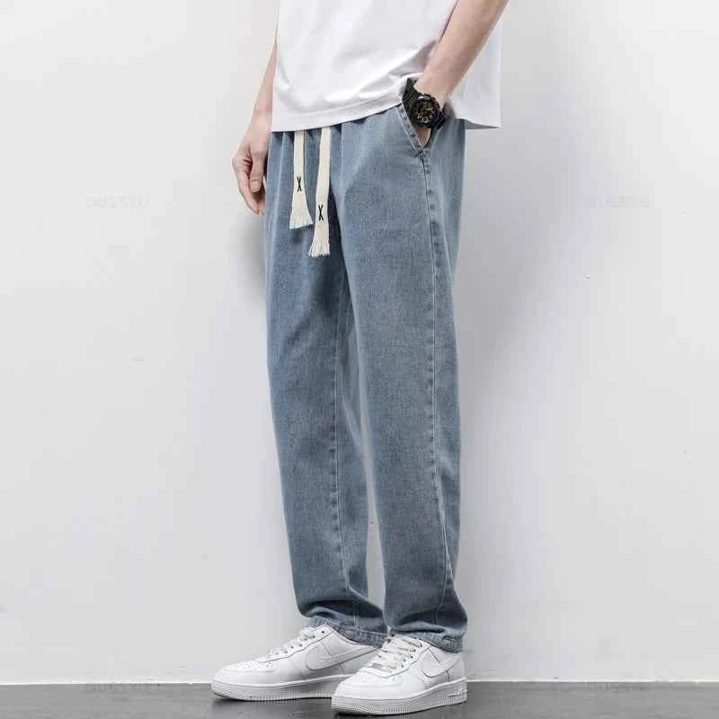 High Quality Fully Elastic Waist Men's Jeans Cotton Soft Drawstring Straight Pants Korea Casual Trousers Male Plus Size S-5XL