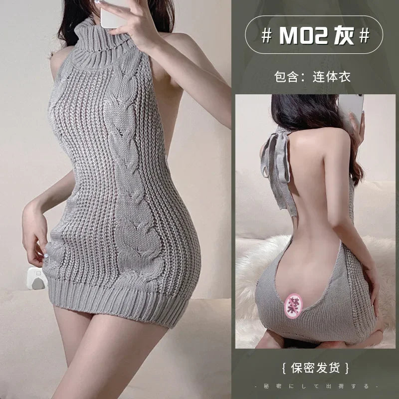 High Neck Knitted Sweater Sexy Backless Women New Dress Sleeveless Charm Solid Color Mature Fashion Elegant Soft Resilient AK74 - GONZALES ONLINE SHOP