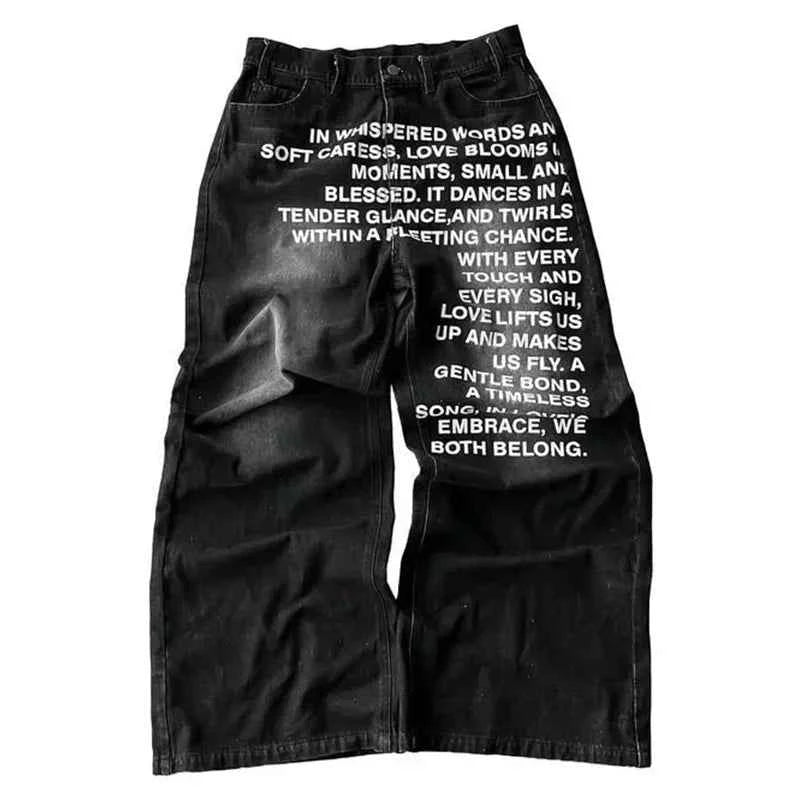2025 American Fashion Jeans Letter Printing Pattern High Street Casual Wide Legs Y2K Men's Retro Gothic Trendy Casual Pants