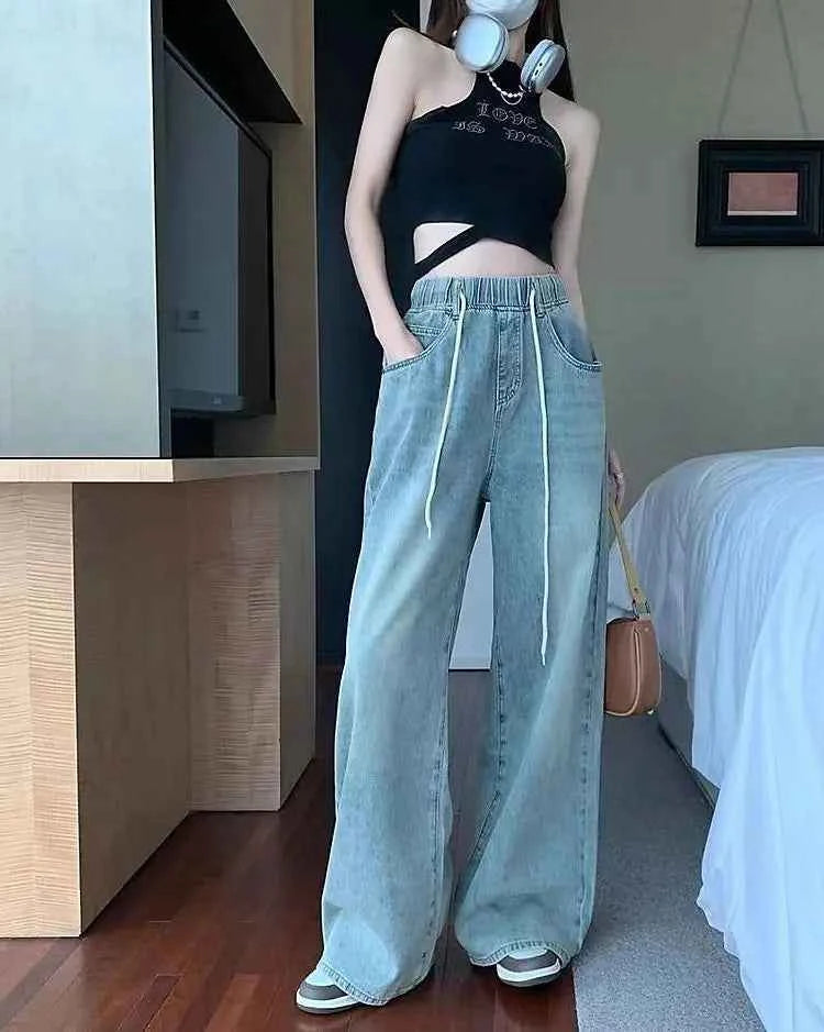 Waist Drawstring Jeans for Women in Spring Summer Korean Version Ins High Waist Slimming Student Straight Wide-leg Floor Pants