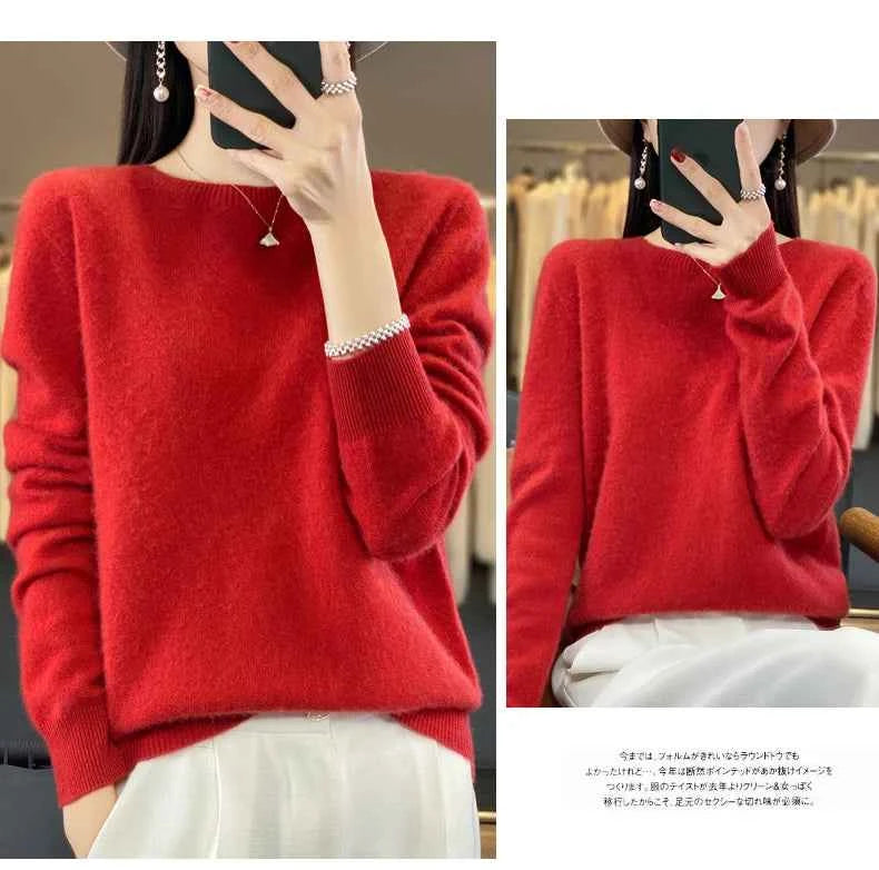 100% Merino Wool Sweater Women O-neck Cashmere Knitwear Female Pullover Autumn Winter Casual Tops Solid Color Soft Clothing