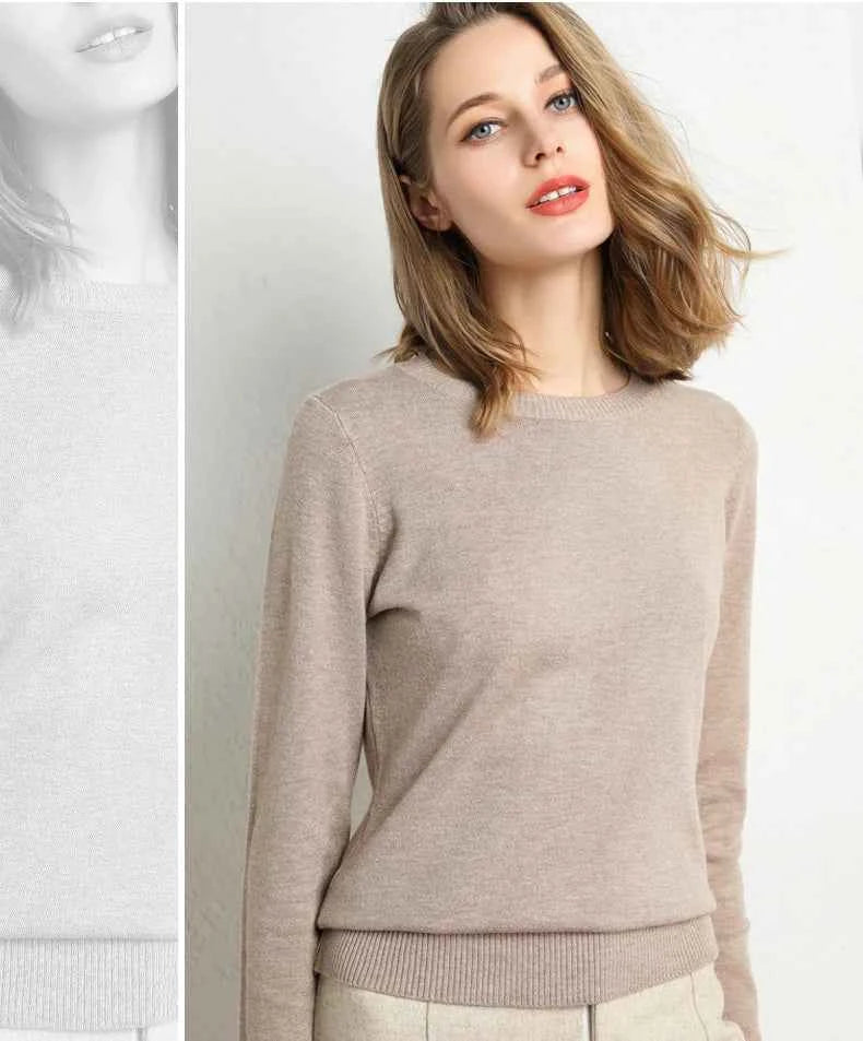 Women Slim O-Neck Solid Pullover Cashmere Wool Blending Sweater Autumn And Winter Long-Sleeved Knit Bottoming Shirt Large Size