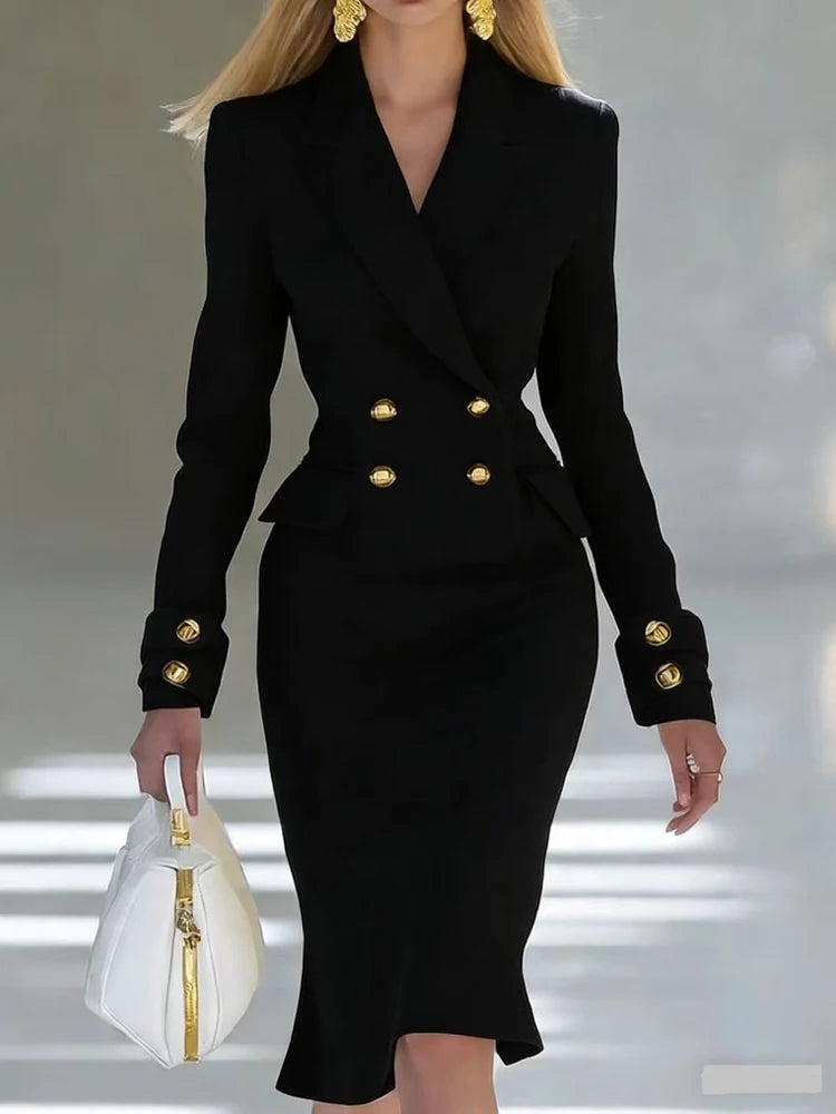 Elegant V-neck Double breasted Blazer Dress Fashion Commute Hight Waist Solid Party Dress Lady Casual Long Sleeve Wrap Hip Dress GONZALES ONLINE SHOP