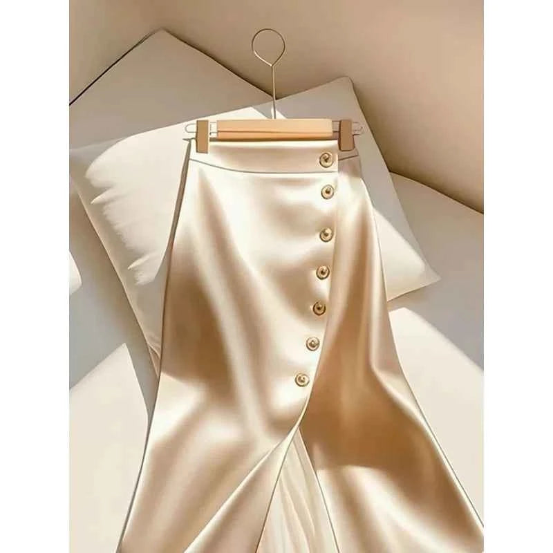 Elegant Satin Long Skirts for Women Fashion Spliced Mesh Single Breasted Slit Maxi Skirt 2025 New Commuting Lady Skirt