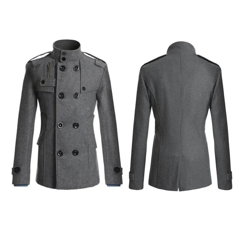 Men s Solid Color Trench Coat Long Sleeve Stand Collar Double Breasted Warm Soft Wool Overcoat - GONZALES ONLINE SHOP