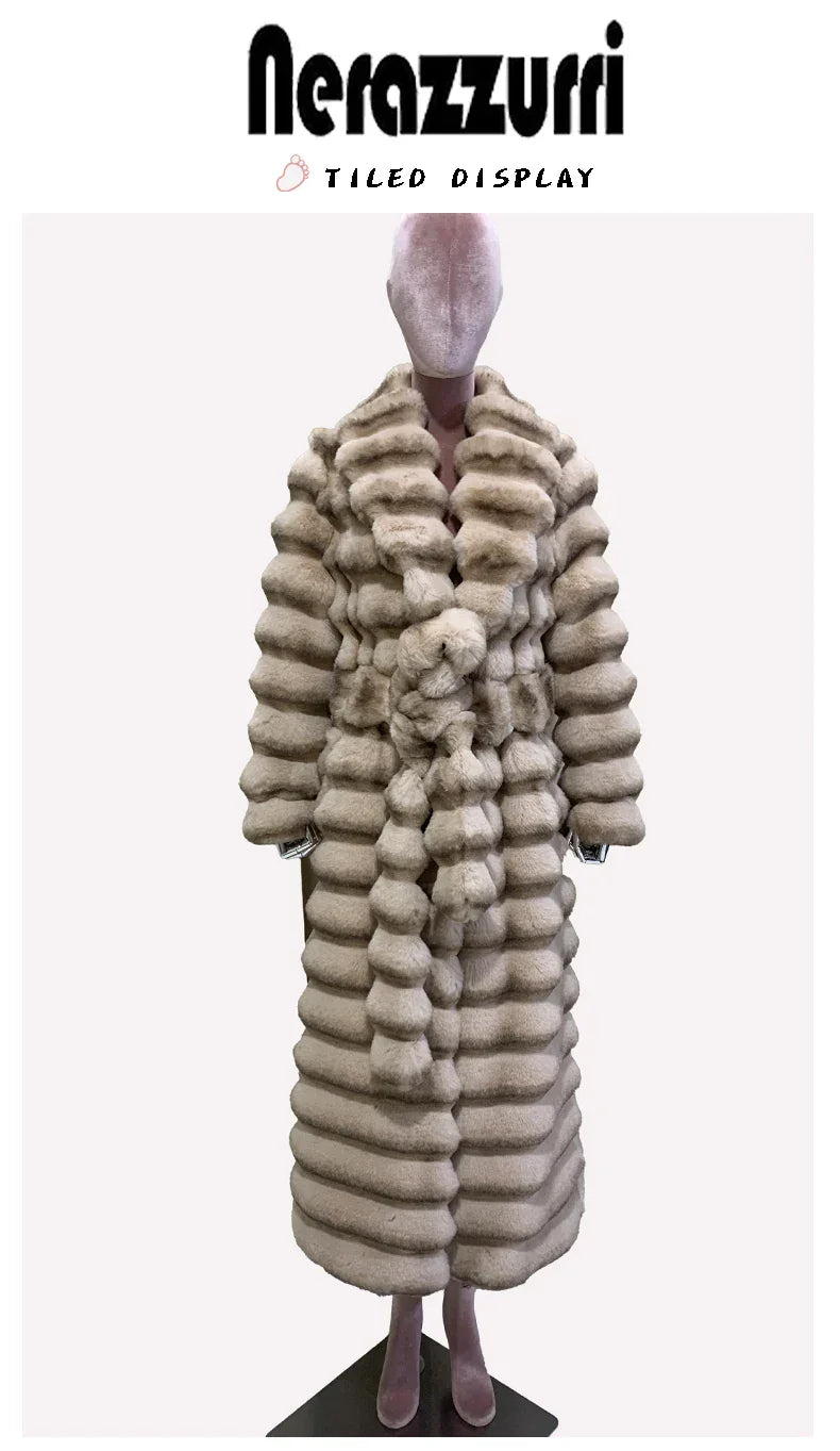 Nerazzurri Winter Long Striped Thick Warm Fluffy Faux Chinchilla Fur Coat Women Shawl Collar Elegant Chic Luxury Furry Overcoat - GONZALES ONLINE SHOP