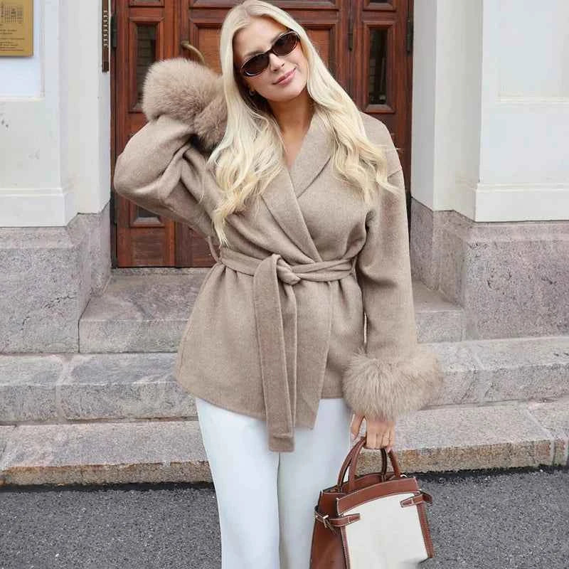TARUXY Fox Fur Woolen Coats Women's Short Coat Office Lady Removable Elegant Double-sided Wool Overcoat 2025 New Cardigan Jacket
