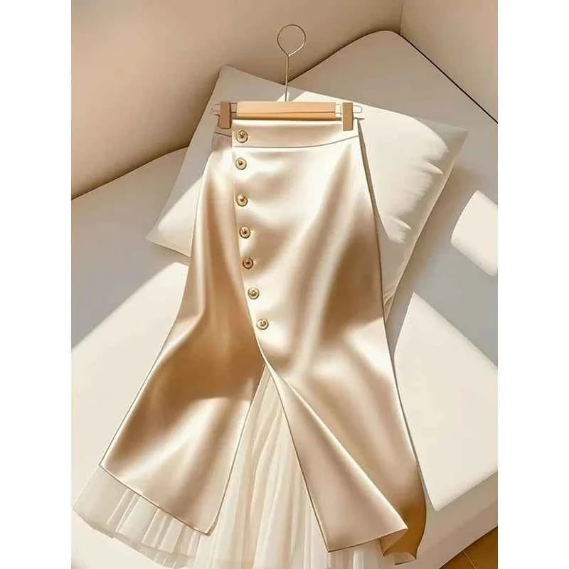 Elegant Satin Long Skirts for Women Fashion Spliced Mesh Single Breasted Slit Maxi Skirt 2025 New Commuting Lady Skirt