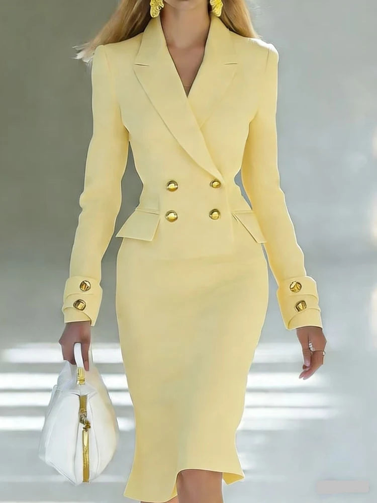 Elegant V-neck Double breasted Blazer Dress Fashion Commute Hight Waist Solid Party Dress Lady Casual Long Sleeve Wrap Hip Dress GONZALES ONLINE SHOP