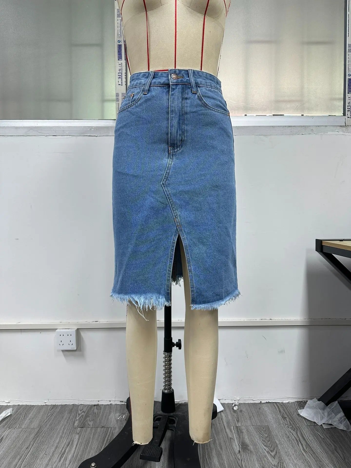 Women Slit Denim Half Skirt Hand Frayed Tassel Raw Edge Skirt Vintage Retro Korean Jean Long Office Lady Slim Fit High Waisted GONZALES ONLINE SHOP
