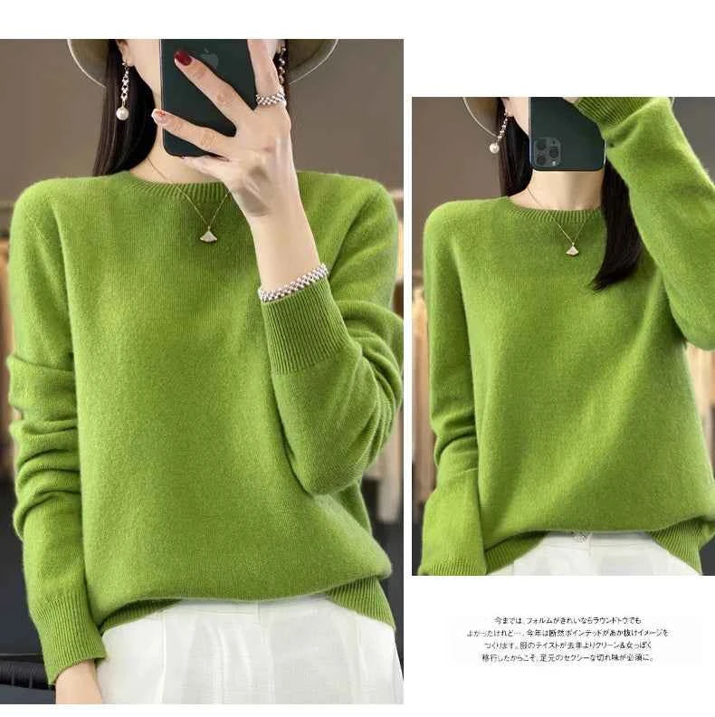 100% Merino Wool Sweater Women O-neck Cashmere Knitwear Female Pullover Autumn Winter Casual Tops Solid Color Soft Clothing