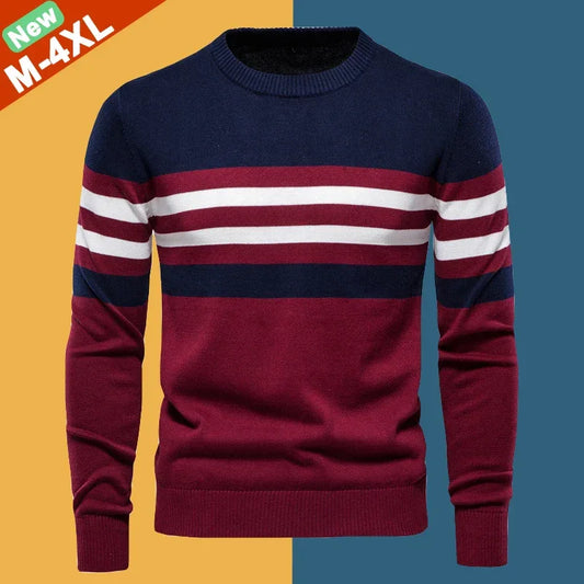 Men's Striped Cotton Sweater Pullover O Neck Knitwear Autumn Jumpers Plus Size 3XL 4XL - GONZALES ONLINE SHOP