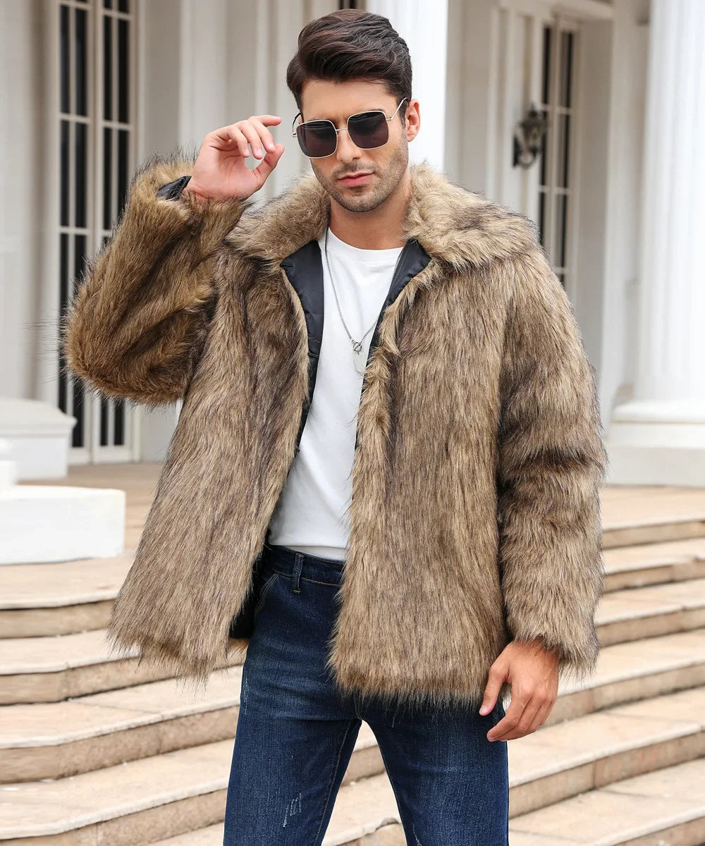 Men Faux Fox Fur Jacket Coat Winter Thick Fluffy Long Sleeve Lapel Warm Shaggy Outerwear Luxury Fur Jacket Bontjas Jackets Mens - GONZALES ONLINE SHOP