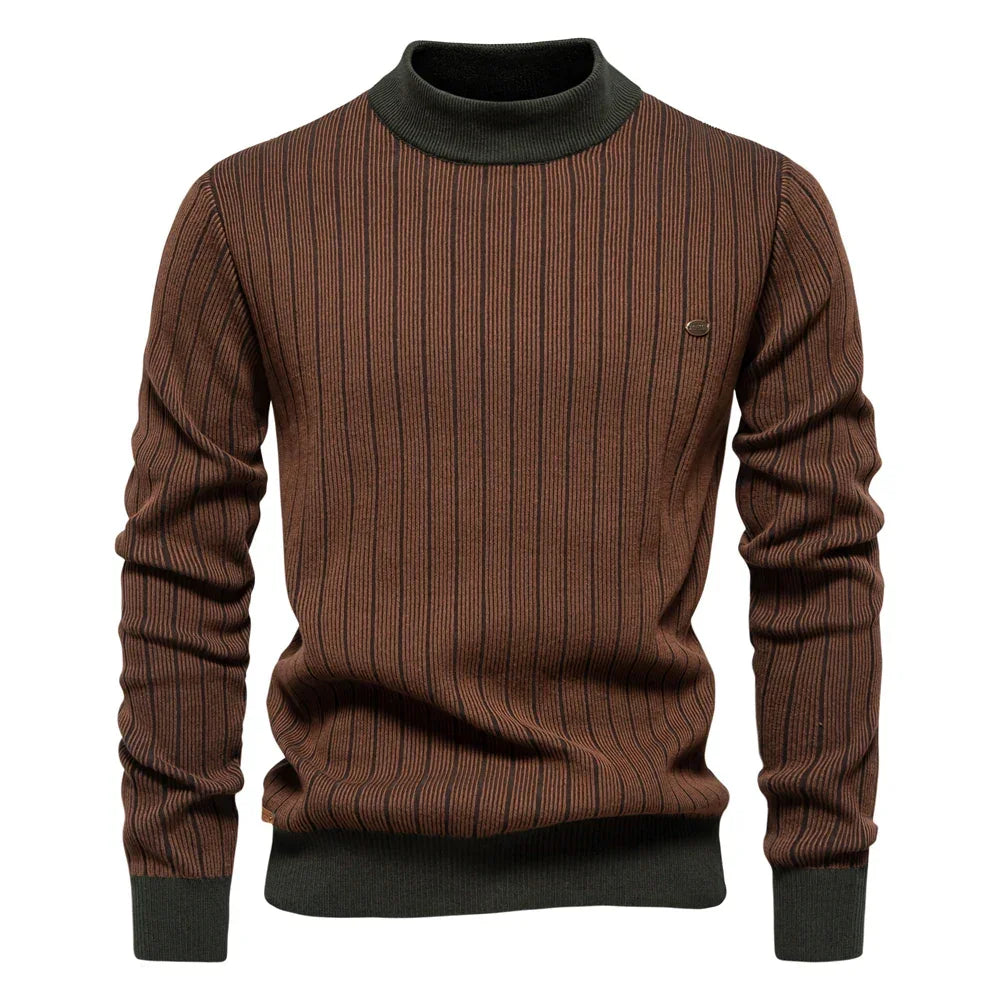 AIOPESON Mens Mock Neck Pullover Sweater - New Design Cotton Stripped Sweater for Autumn Winter Warmth - GONZALES ONLINE SHOP