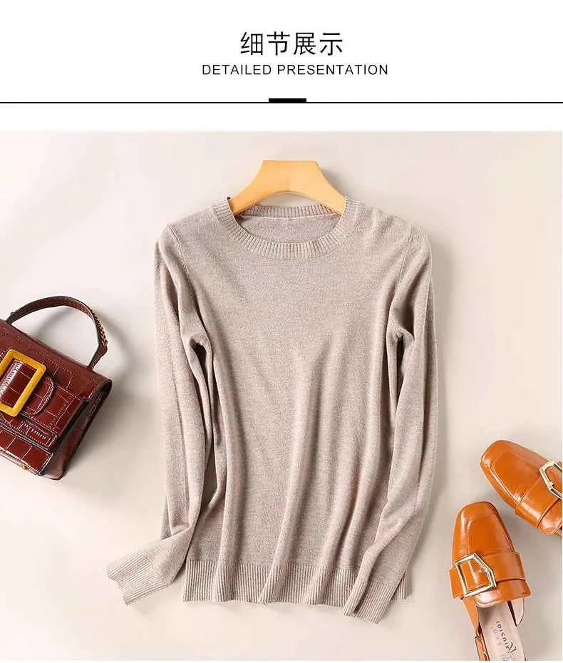 Women Slim O-Neck Solid Pullover Cashmere Wool Blending Sweater Autumn And Winter Long-Sleeved Knit Bottoming Shirt Large Size